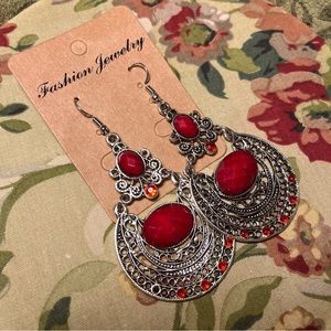 Ruby Red Beaded Silver Bohemian Dangle Hook Earrings
